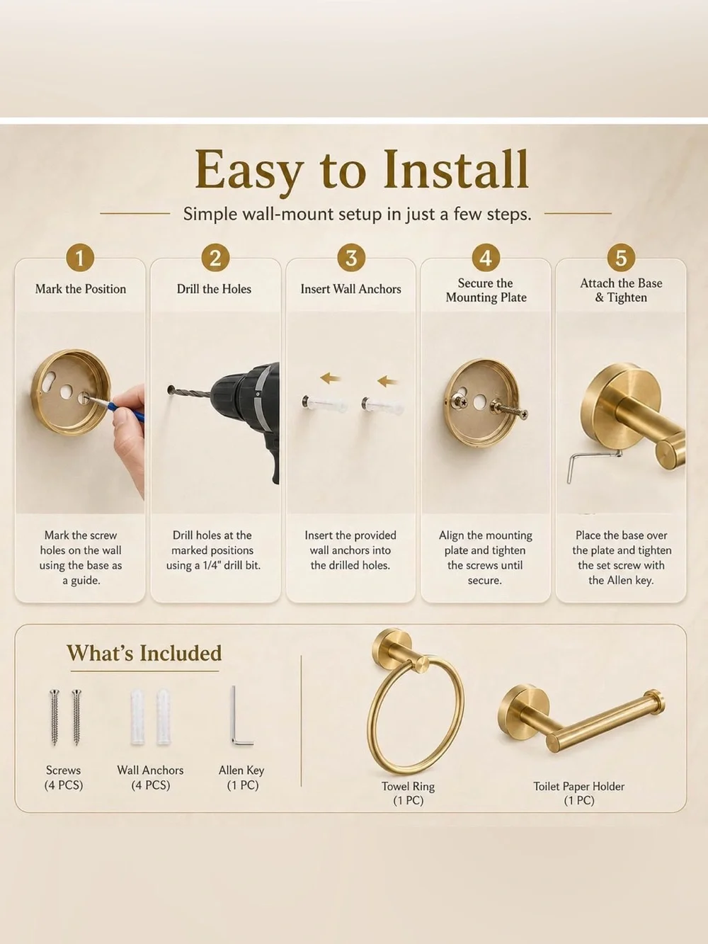 NEW! FAIRGIA Toilet Paper Holder Towel Ring Brushed Gold Bathroom Hardware